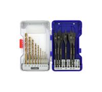 TIVOLY - Set punte + Punte per legno - Per la foratura dei legni duri - Kit di 15 pezzi: 9 punte per legno HSS SpeedPoint Ø da 2 a 10 mm + 6 punte per legno piatte Ø 14-24 mm