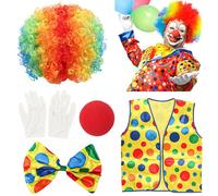 TIVUNORON 5Pcs Costume da Clown Donna, Accessori per Costumi da Clown, Includ Parrucca da Festa Arcobaleno Naso da Clown Rosso Guanti Bianchi Gilet e Papillon da Clown, per Carnevale Circo Cosplay