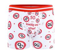 Tiwoca Boxer per il 50° compleanno - Design rosso bianco con segnali stradali numero 50 e scritta - Decorazione di compleanno originale e divertente sorpresa per feste e celebrazioni - Taglia unica