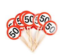 Tiwoca decorazioni per il 50° compleanno - 12 Stuzzicadenti party rossi e bianchi con il numero “50” in stile cartello stradale - addobbi originali e idee regalo divertenti per uomo e donna