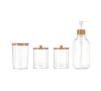 Tixqeaif Set di 4 Accessori da Bagno In Bambù - Decorazione Rustica Boho, Dispenser di Sapone, Porta Spazzolino, 2 Barattoli Porta Cotton Fioc