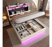 TIZZ 140 x 200 cm, telaio del letto imbottito con illuminazione a LED, funzione di ricarica USB Type-C e vano sotto il letto, testata dello spazio di archiviazione, telaio idraulico, beige, senza