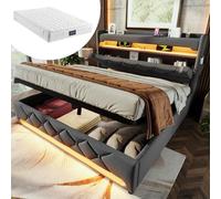 TIZZ 160 x 200 cm, letto matrimoniale, capienza testiera con porta USB e tipo C, funzione LED 360 surround intorno alla testa e ai piedi, letti con spazio idraulico, grigio, lino (con materasso)