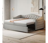TIZZ 90 x 200 cm, letto imbottito, divano letto allungabile, con connettore USB, forma classica con bottoni con rete a doghe, letto multifunzione, letto per gli ospiti, tessuto di lino, grigio
