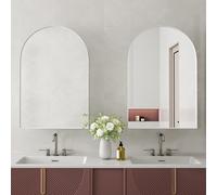 TIZZ Armadietto a specchio a forma di arco, elegante armadio da incasso per medicinali con telaio in metallo, specchio e ripiani regolabili, armadietto a specchio con spazio per il bagno, bianco