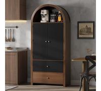 TIZZ Armadietto ad arco, 180 x 80 x 40 cm, armadietto da cucina, vetrinetta per vino con ripiani, scomparto superiore aperto e 2 cassetti, effetto noce, nero e naturale, per cucina, sala da pranzo