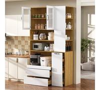 TIZZ Armadio alto con ripiani regolabili e cassetti, credenza con ripiani estraibili e vetro scanalato, ideale per sala da pranzo, soggiorno e cucina, bianco + naturale