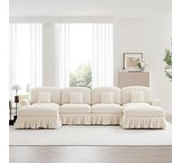 TIZZ Classico divano modulare a forma di U a 4 posti in ciniglia con braccioli a imbuto, grembiule staccabile, gambe a forma di fuso e sgabello mobile - Divano cloud morbido, bianco