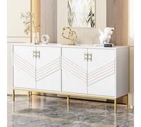 TIZZ Credenza moderna in bianco e oro con 4 ante, corpo in MDF su gambe in metallo, spaziosa con ripiani regolabili in altezza per soggiorno, sala da pranzo o corridoio.