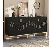 TIZZ Credenza moderna in nero e oro con 4 ante, corpo in MDF su gambe in metallo, grande capacità e ripiani regolabili in altezza per soggiorno, sala da pranzo o corridoio.