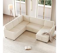TIZZ Divano letto angolare moderno a forma di U, estensibile, funzione sonno, in velluto a coste grosso, con contenitore, beige