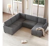 TIZZ Divano letto angolare moderno a forma di U, estensibile, funzione sonno, in velluto a coste grosso, con contenitore, grigio