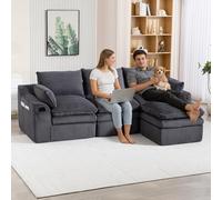 TIZZ Divano modulare a 3 posti con sgabello, con cuscino e 2 tasche laterali, schiuma a 3 strati e nucleo a molla per una rapida sospensione combinabile, perfetto per soggiorno, ufficio, grigio scuro
