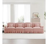 TIZZ Elegante divano a 4 posti in ciniglia, stile Mid-Century, con braccioli a imbuto, grembiule rimovibile e gambe a forma di mandrino, comodo divano da soggiorno,rosa