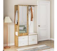 TIZZ Elegante set appendiabiti in bianco e legno con specchio, scarpiera, scarpiera con gancio e asta appendiabiti allungabile (bianco)