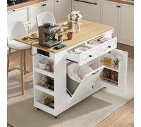 TIZZ Isola da cucina con ruote, tavolo da pranzo estraibile, scomparto per rifiuti e portasciugamani, carrello da portata mobile con prese, ideale per cucina e sala da pranzo, bianco
