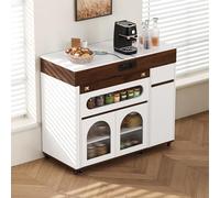 TIZZ Isola della cucina con ruote, tavolo da pranzo allungabile con ciabatta e vetro di barriera corallina, credenza con un cassetto, funge da isola della cucina, credenza per cucina e sala da pranzo