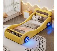 TIZZ Lettino imbottito, letto singolo, letto per bambini, a forma di auto con ruote luminose e spazio di archiviazione, in PU, senza materasso, giallo, 90 x 200 cm