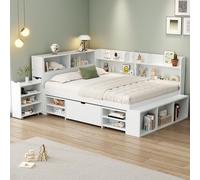 TIZZ Lettino multifunzione 140x190 cm con cassetti e ripiani, ampio spazio di archiviazione, rete a doghe, materasso non incluso, bianco.