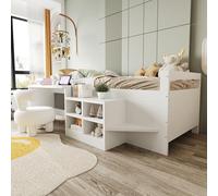 TIZZ Lettino per bambini, 90 x 200 cm, con vano portaoggetti, scrivania con prese secondo la norma europea, letto singolo in legno, bianco