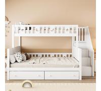 TIZZ Letto a castello in legno massello 90 x 200/140 x 200 cm con scala di sicurezza, due grandi cassetti e rete a doghe, bianco