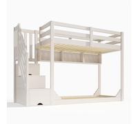 TIZZ Letto a castello per bambini, 90 x 200 cm, bianco, armadietto per scale, salvaspazio, in legno, per fratelli, ringhiere di sicurezza, scomparti portaoggetti, senza materasso