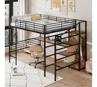 TIZZ Letto a soppalco, 140 x 200 cm, senza materasso, scrivania, armadio aperto, scala a gradini per la conservazione, telaio in ferro, colore nero