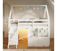 TIZZ Letto a soppalco a forma di casetta, con scale, scatole portaoggetti con coperchio a ribalta, tasche in tessuto, bianco