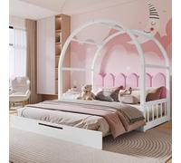 TIZZ Letto apribile a volta, letto scorrevole, letto per bambini, letto matrimoniale, cuscino in velluto, telaio in legno di pino, bianco e rosa (140 x 100 cm, 140 x 200 cm)