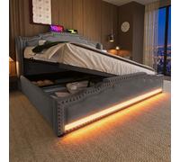 TIZZ Letto imbottito 140 x 200 cm, letto matrimoniale con spazio idraulico, illuminazione a LED e porta di ricarica USB-C, letto per ragazzi con rete a doghe in velluto beige con materasso
