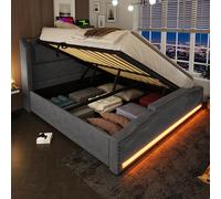 TIZZ Letto imbottito 160 x 200 cm, letto matrimoniale con spazio idraulico, illuminazione a LED, porta di ricarica USB-C, letto per ragazzi con rete a doghe in velluto grigio con materasso