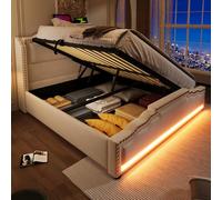 TIZZ Letto imbottito 160 x 200 cm, letto matrimoniale, spazio idraulico, illuminazione a LED, porta di ricarica USB-C, rete a doghe in velluto beige, con materasso, letto per ragazzi