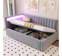 TIZZ Letto imbottito 90 x 200 cm, con illuminazione a LED e spazio di archiviazione idraulico, design classico a strisce verticali, testiere laterali con posizioni intercambiabili, rete a doghe