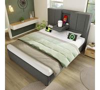 TIZZ Letto imbottito 90 x 200 cm, letto idraulico con spazio sotto il letto, letto singolo con portabicchieri nascosto e stazione di ricarica, inclusa rete a doghe, lino grigio (con materasso)