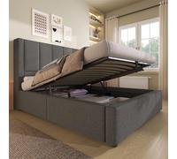 TIZZ Letto imbottito 90 x 200 cm, letto singolo con stazione di ricarica e portabicchieri nascosto, letto idraulico con spazio sotto il letto, incl. rete a doghe, lino grigio (senza materasso)