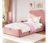 TIZZ Letto imbottito 90 x 200 cm, letto singolo, letto funzionale idraulico con rete a doghe, testiera e ampio spazio di archiviazione, testiera imbottita, velluto, rosa