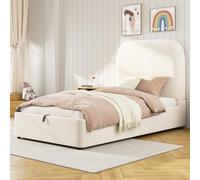 TIZZ Letto imbottito 90 x 200 cm, letto singolo, letto funzionale idraulico, letto con rete a doghe, testiera e ampio spazio di archiviazione, testiera imbottita, velluto, beige