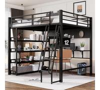 TIZZ Letto in ferro 140 x 200 cm, letto a soppalco, con ripiani e molto spazio, dotato di porta di ricarica, scala inclinata a quattro livelli, può appendere oggetti, ferro + truciolato, nero