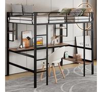 TIZZ Letto in metallo, letto a soppalco con quattro piccoli ripiani e una grande libreria per bambini, letto in ferro con scrivania, ragazzi e adulti (nero, 90 x 200 cm)