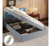TIZZ Letto piano, luce ambientale sulla testiera del letto, apertura su un lato, letto imbottito, design minimalista, grande spazio, testiera regolabile, velluto, 90 x 200 cm (grigio)