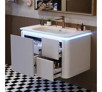 TIZZ Mobile sottolavabo sospeso a parete, completamente laccato, struttura verticale, luce LED con sensore di movimento radar, cassetti silenziosi, design antiurto, lavabo monoblocco, bianco