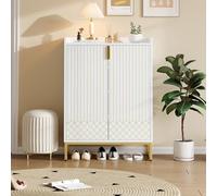 TIZZ Moderna scarpiera bianca con gambe in metallo dorato, armadietto con ante dorate, 75 x 37 x 105 cm.