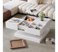 TIZZ Tavolino da caffè 75,5 x 75,5 x 38 cm lucido bianco legno sollevabile con 4 scomparti vassoio geometrico per soggiorno e divano