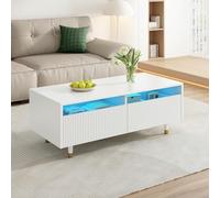 TIZZ Tavolino moderno a LED, con cassetto ondulato, gambe dorate e bianche, due cassetti, strisce luminose a LED che cambiano colore, armadietto TV coordinato