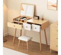 TIZZ Tavolo da toeletta con specchio, tavolo da toeletta in legno con cassetti, spazio diviso, grande capacità di stoccaggio, dimensioni: B100/H78/T40 cm (senza sgabello)