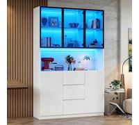 TIZZ Vetrina in vetro temperato, 120 x 40 x 200 cm, con ripiani aperti, tre cassetti e due ante, armadio versatile per soggiorno e sala da pranzo, bianco