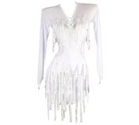 TJDWPRRD Abbigliamento da Ballo Competizione Latina con Nappe Costumi da Sala da Ballo con Strass Abiti Salsa Tango Senza Schienale Completo da Ballo Cha Cha a Maniche Lunghe,Bianca,XXL