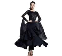 TJDWPRRD Abiti da Ballo di Valzer da Donna Costume da Spettacolo Danza Flamenca Completo da Pratica Festa di Salsa Traspirante Abbigliamento Allenamento Sala da Ballo con Paillettes,Nero,M