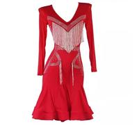 TJDWPRRD Abiti da Ballo Latino a Maniche Lunghe Abbigliamento Prestazioni Salsa Tango Nappa Vestiti da Competizione Sala da Ballo per Donna Gonna a Lisca di Pesce Cha Cha,Rosso,M