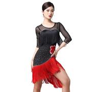 TJDWPRRD Abiti da Ballo Latino con Strass Ricamati Abbigliamento da Sala da Ballo per Donna Gonna con Spacco Salsa Tango con Nappe Costumi Pratica della Danza Cha Cha Eleganti,A,L